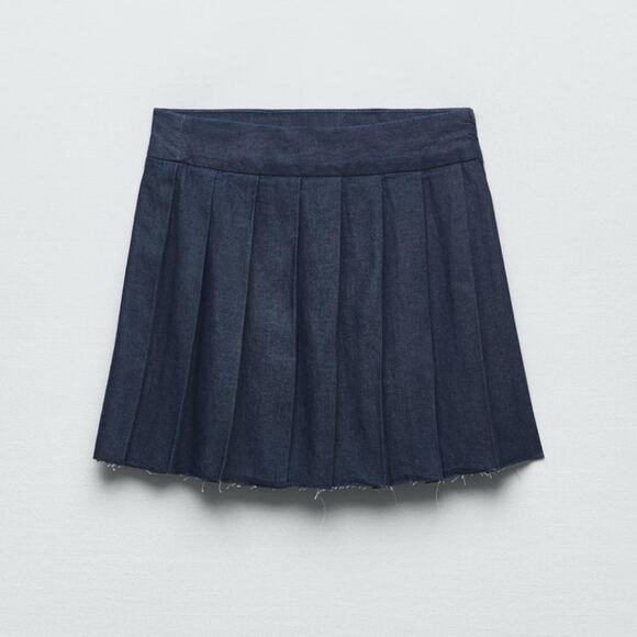 ZARA Pleated Dark Denim Raw Hem Cotton Skirt - Picture 1 of 5